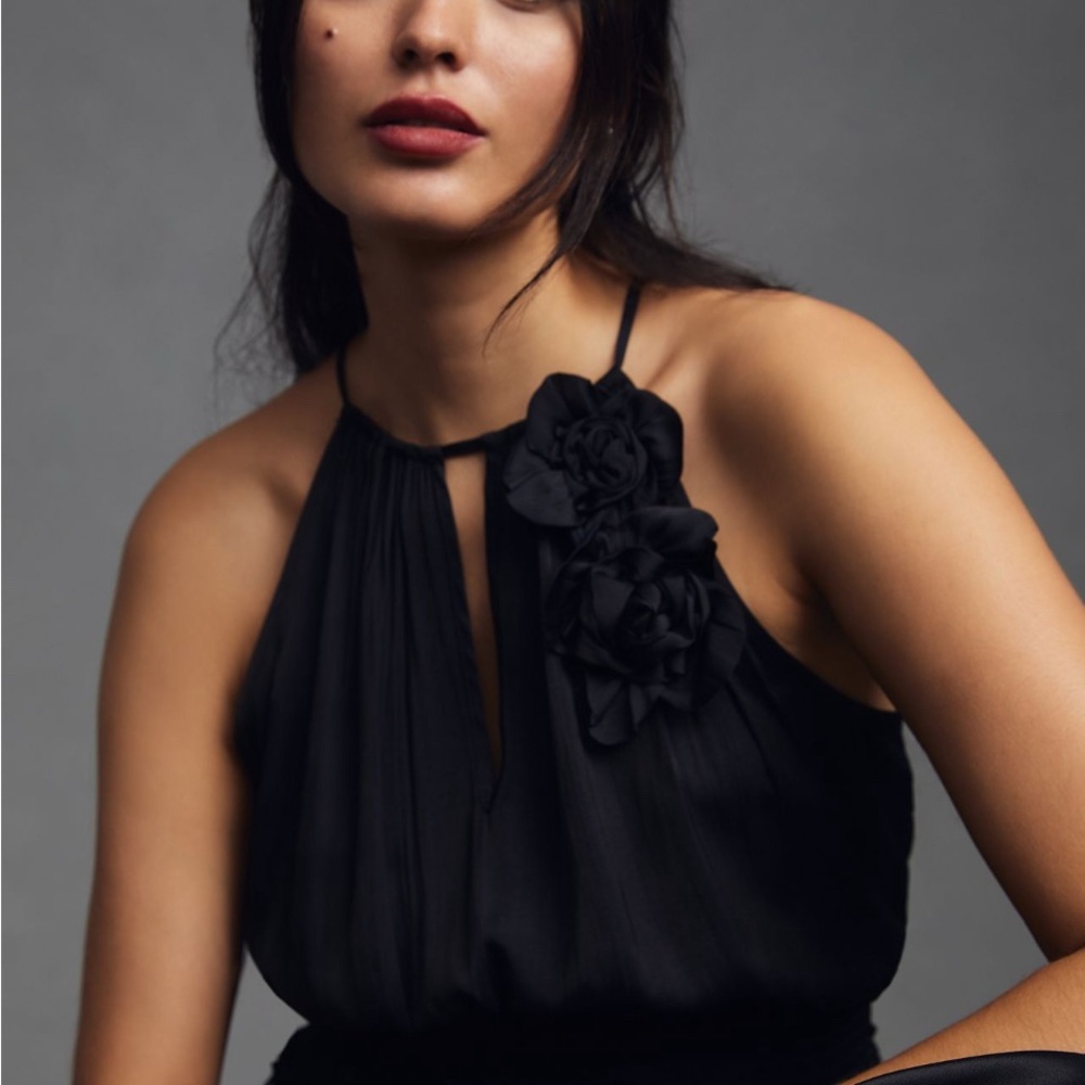 Anthropologie Black Halter Camisole with floral detailing